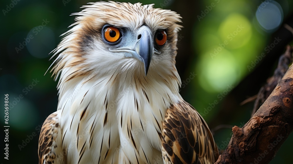 A Philippine eagle (Pithecophaga jefferyi) perched on a tree in the dense forests of Mindanao, its magnificent crest and piercing eyes a proud image of national heritage. A Philippine eagle (Pithecophaga jefferyi) perched on a tree in the dense forests of Mindanao, its magnificent crest and piercing eyes a proud image of national heritage.