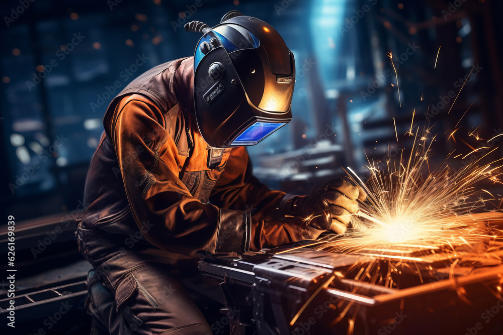 A man welder in brown uniform, welding mask, weld metal construction site. AI Generated A man welder in brown uniform, welding mask, weld metal construction site. AI Generated