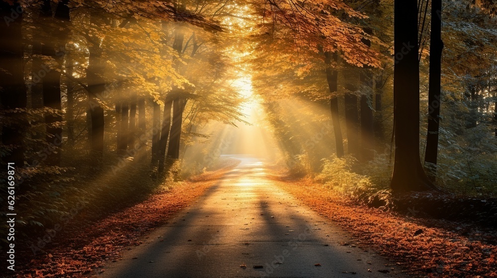 Gorgeous nature path lined with trees in the fall at sunrise, AI-generative