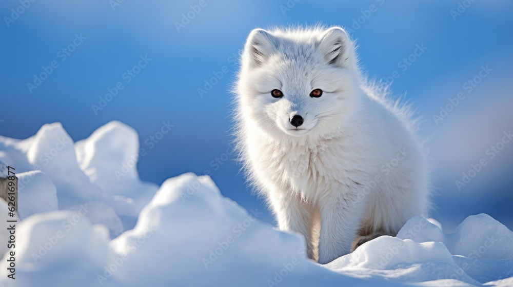 A lone Arctic fox (Vulpes lagopus) in the snowy expanses of Svalbard, its pure white winter coat blending almost perfectly with the pristine snow around it, its sharp blue eyes alert and focused.