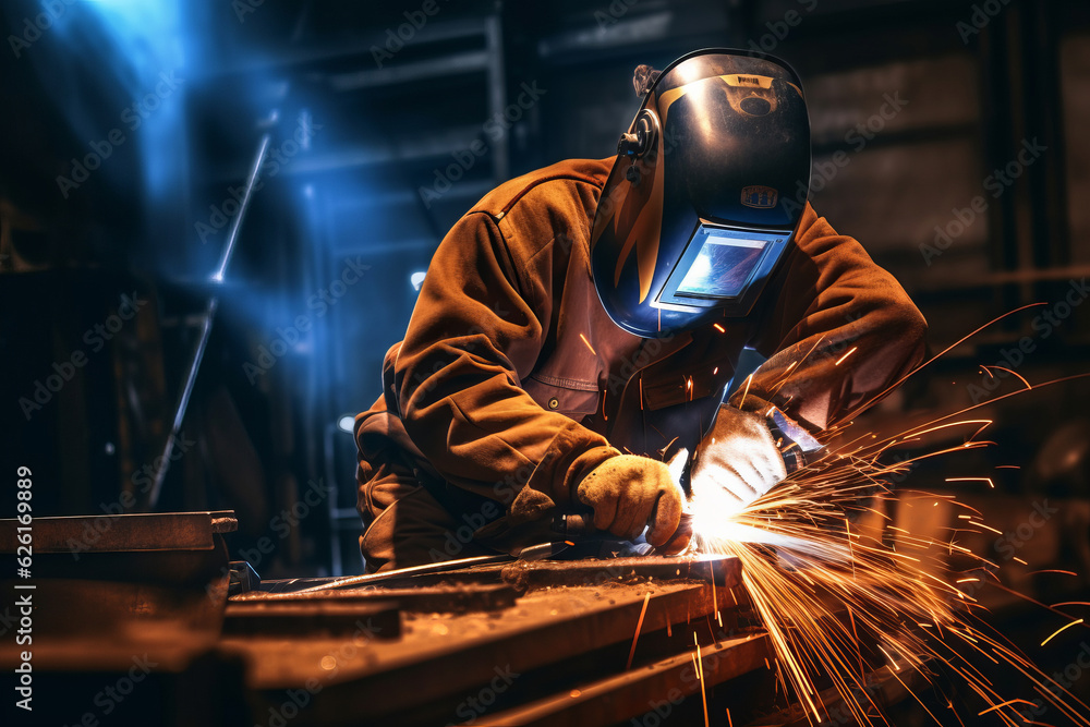 A man welder in brown uniform, welding mask, weld metal construction site. AI Generated A man welder in brown uniform, welding mask, weld metal construction site. AI Generated