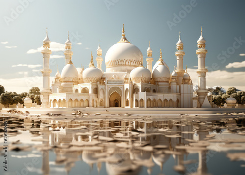 a white model of a mosque with a dome in the top of it. AI Generated