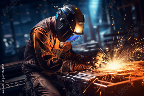 A man welder in brown uniform, welding mask, weld metal construction site. AI Generated