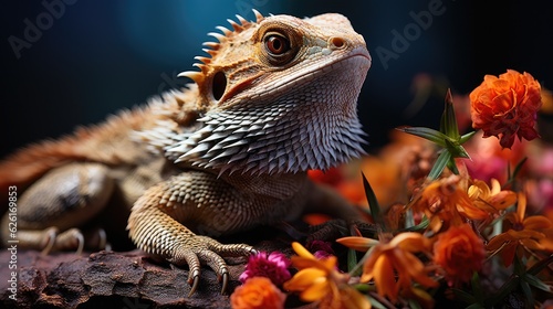 A Bearded Dragon (Pogona) basking under a heat lamp, its spiky scales and round belly creating a fascinating contrast against the rocky background in its terrarium.
