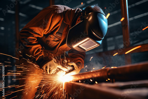 A man welder in brown uniform, welding mask, weld metal construction site. AI Generated