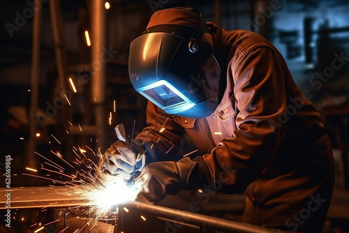 A man welder in brown uniform, welding mask, weld metal construction site. AI Generated © AI_images