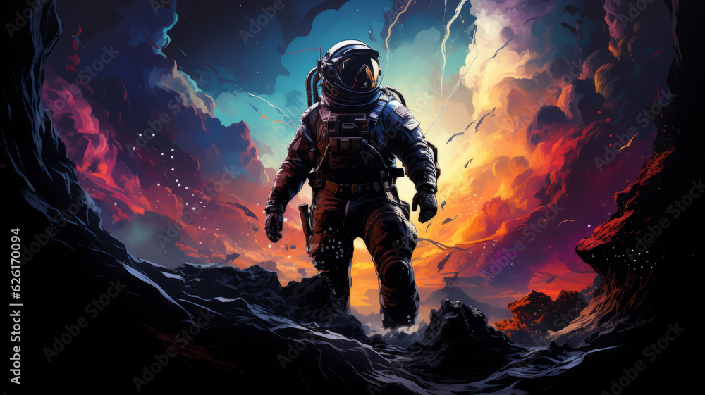 Astronaut explores outer dark space illustration . AI Generated