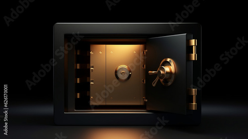 Black bank safe with open steel door and golden light . AI Generated