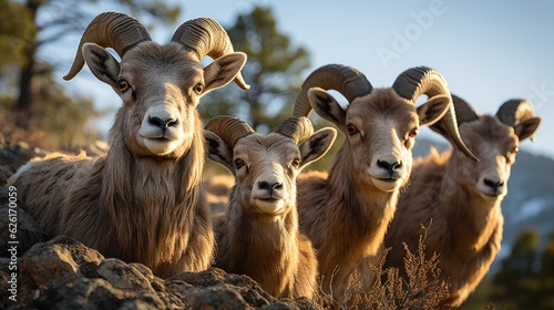 A group of Bighorn Sheep (Ovis canadensis) climbing the steep cliffs of Colorado's Rocky Mountain National Park, their curled horns and sure-footed agility a marvel of nature. photo