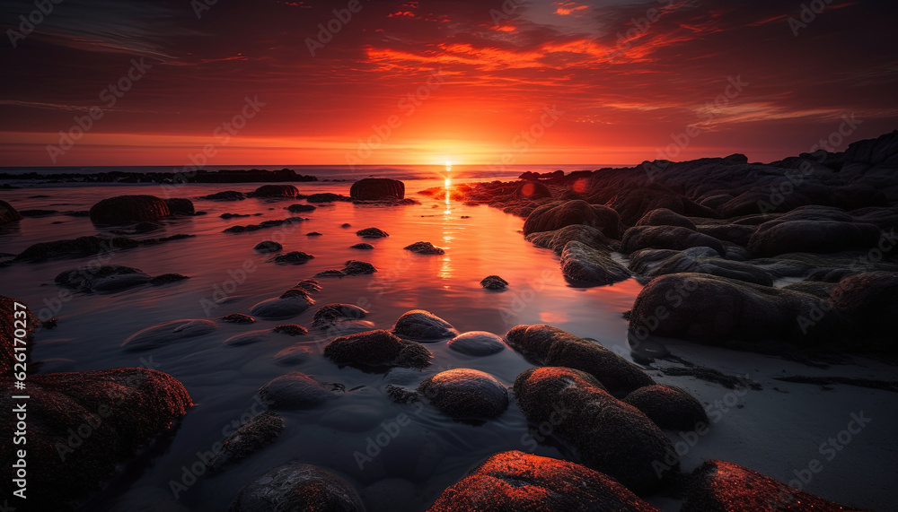 Obraz premium Beautiful sunrise with the rocks in the foreground, the ocean and the sun in the background