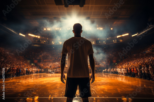 Basketball pro player standing in the court ready to play. AI Generated