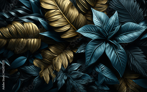 blue leaves on a black background. AI Generated