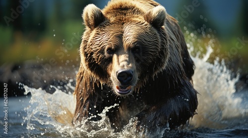 A grizzly bear (Ursus arctos horribilis) fishing for salmon in the fast-flowing rivers of Alaska, the powerful display of raw strength and dexterity a spectacle against the rugged wilderness. photo