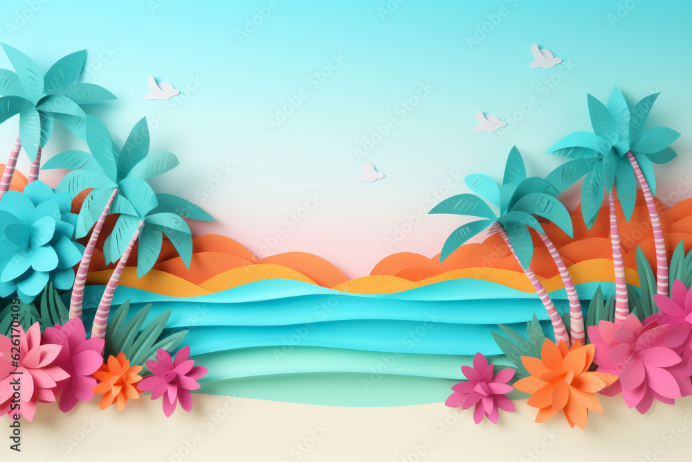 colorful summer time background with tropical beach paper craft style. AI Generated