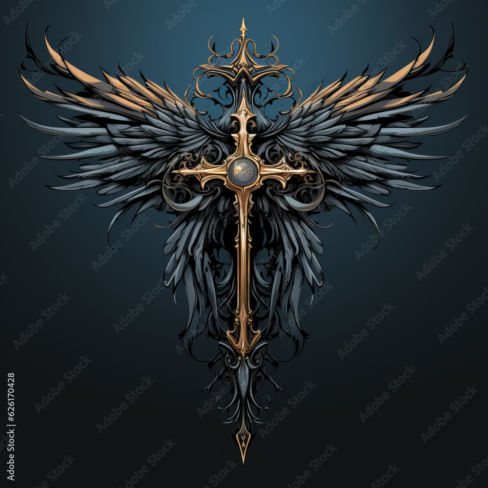 Fototapeta premium Cross with wings ornament. AI Generated