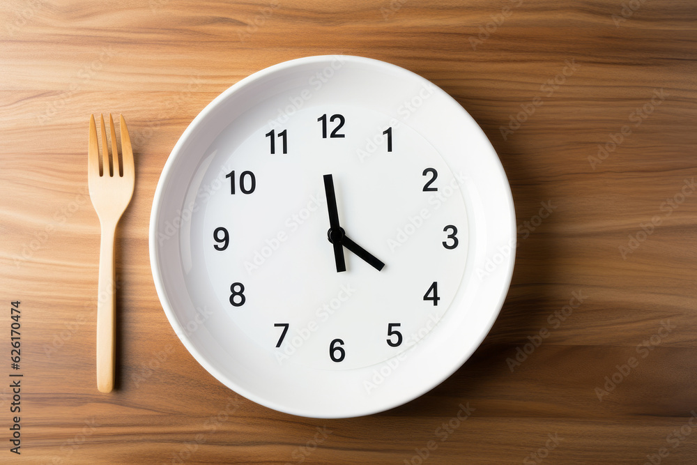 Concept of intermittent fasting, showing an empty plate and a clock. The practice of eating within specific time. AI Generated Concept of intermittent fasting, showing an empty plate and a clock. The practice of eating within specific time. AI Generated