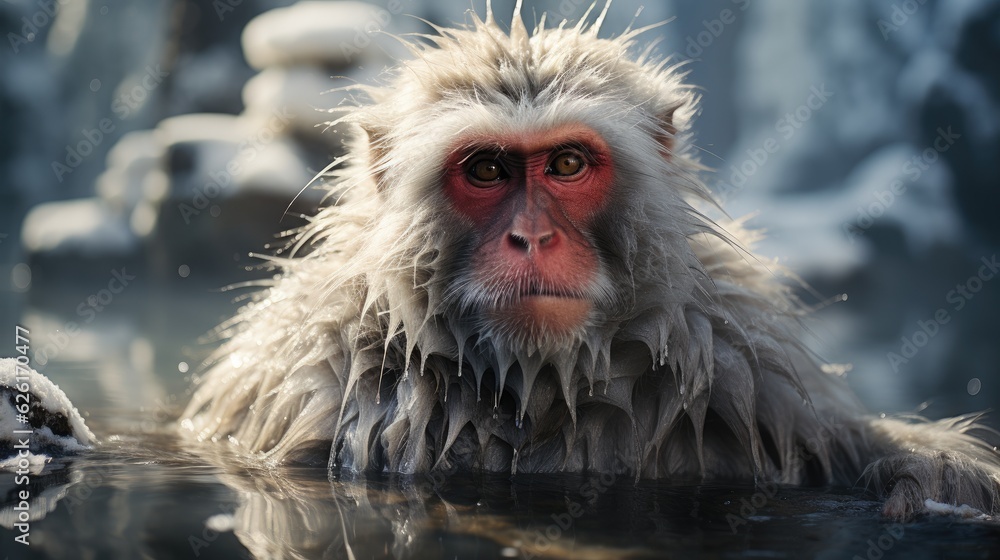 Naklejka premium A Japanese macaque (Macaca fuscata), or 'snow monkey', soaking in the steaming hot springs of Jigokudani, its fur dusted with snow and its face an expression of utter relaxation.