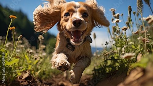 A Cocker Spaniel (Canis lupus familiaris) running in a field, its long floppy ears and wavy coat flowing with the wind, exhibiting its joyful and active nature.