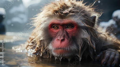 A Japanese macaque (Macaca fuscata), or 'snow monkey', soaking in the steaming hot springs of Jigokudani, its fur dusted with snow and its face an expression of utter relaxation.