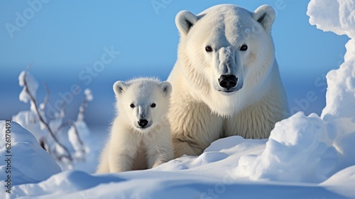 A polar bear (Ursus maritimus) and her cubs on the icy tundra of Churchill, Canada, the mother's powerful form a stark white silhouette against the cold blue expanse.
