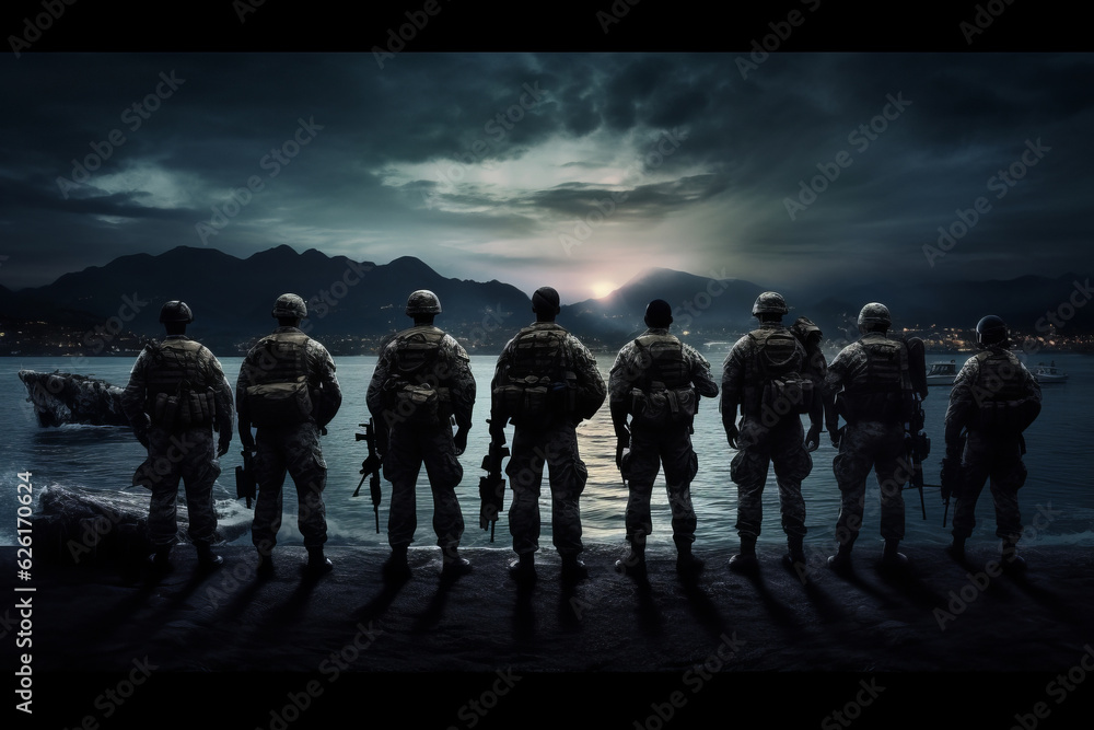 group soldiers from behind full shot bright mood lighting movie. AI Generated