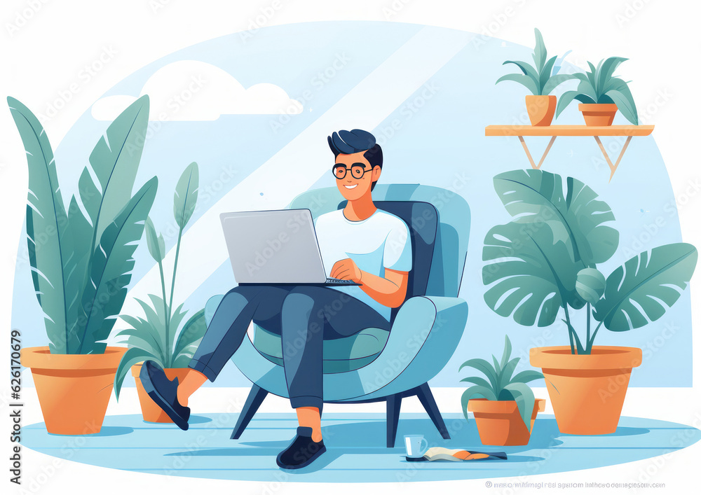 Happy freelancer with computer at home. Illustration. AI Generated Happy freelancer with computer at home. Illustration. AI Generated