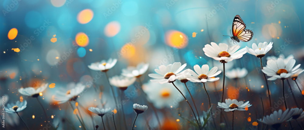 flowers and white butterflies with abstract bokeh background. AI Generated