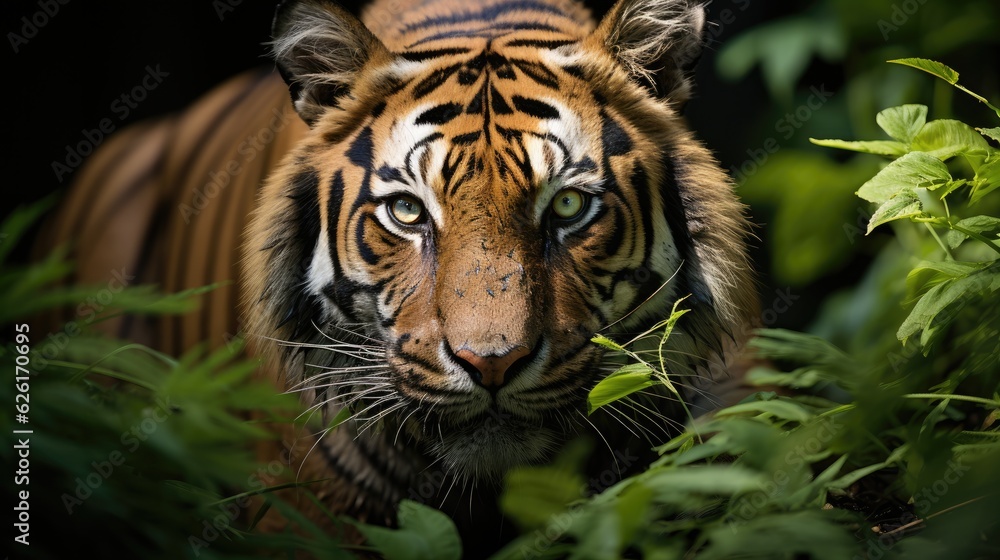 A Bengal tiger (Panthera tigris tigris) quietly stalking its prey through the thick underbrush of India's Sundarbans National Park, its striking orange and black coat a stark contrast to the lush gree