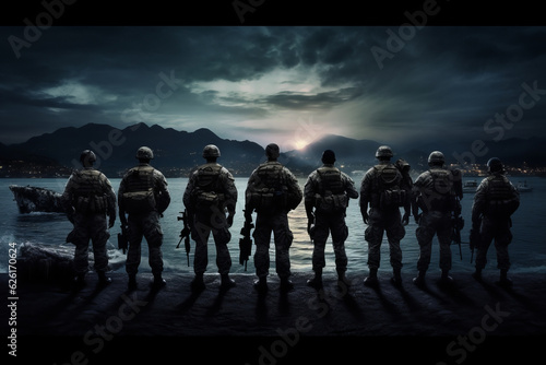 group soldiers from behind full shot bright mood lighting movie. AI Generated