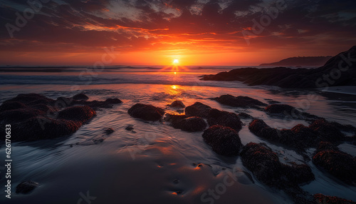 Beautiful sunrise with the rocks in the foreground, the ocean and the sun in the background