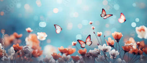 flowers and white butterflies with abstract bokeh background. AI Generated