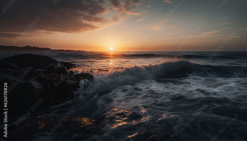 Obraz premium Foreground with rocks and the ocean and the background with the sun at sunrise