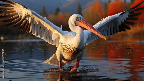 A Dalmatian pelican (Pelecanus crispus) in flight over Greece's Lake Kerkini, its wings spread wide and its white feathers aglow with the pink and orange hues of dawn.