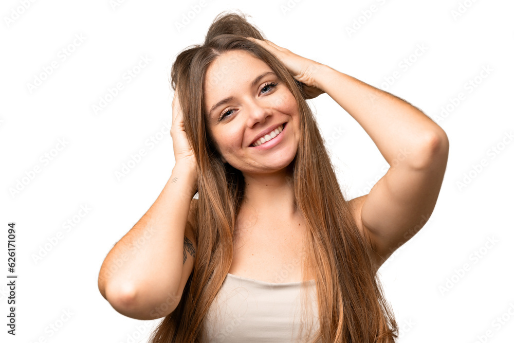 Young blonde woman over isolated chroma key background with happy expression. Close up portrait