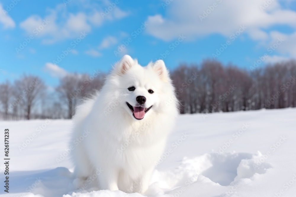 Fototapeta premium White dog Siberian Samoyed in the snow.