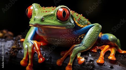 A Red-eyed Tree Frog (Agalychnis callidryas) clinging to a branch in the jungles of Central America, its vibrant colors and bulging red eyes a striking image against the dark backdrop.