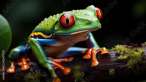 A Red-eyed Tree Frog (Agalychnis callidryas) clinging to a branch in the jungles of Central America, its vibrant colors and bulging red eyes a striking image against the dark backdrop. © blueringmedia