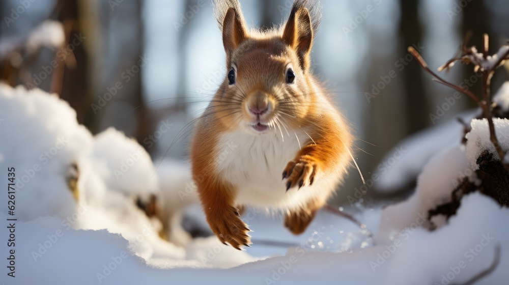 A Eurasian Red Squirrel (Sciurus vulgaris) leaping between trees in a snowy forest in Finland, its bushy tail and tufted ears a delightful sight against the white landscape. A Eurasian Red Squirrel (Sciurus vulgaris) leaping between trees in a snowy forest in Finland, its bushy tail and tufted ears a delightful sight against the white landscape.