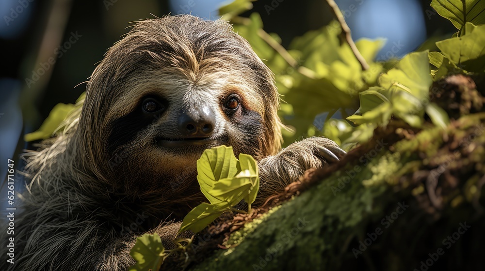 A slow-moving three-toed sloth (Bradypus variegatus) hanging from a tree in the Costa Rican rainforest, its shaggy fur a perfect match for the surrounding moss-covered branches. A slow-moving three-toed sloth (Bradypus variegatus) hanging from a tree in the Costa Rican rainforest, its shaggy fur a perfect match for the surrounding moss-covered branches.