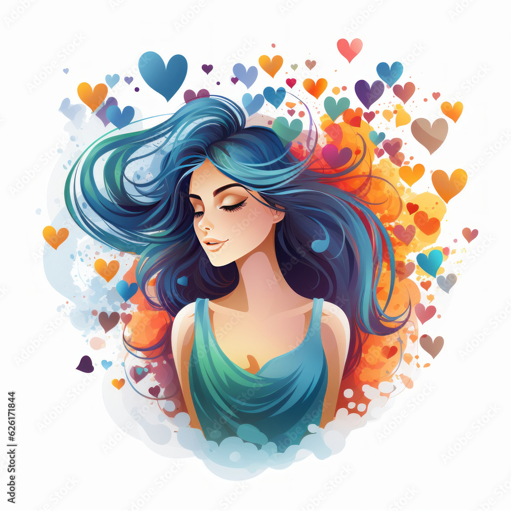 Woman with colorful hearts in her long hair, love and emotion concept. AI Generated