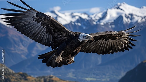 An Andean Condor (Vultur gryphus) soaring above the rugged peaks of Peru's Colca Canyon, its black and white plumage and massive wingspan a majestic sight against the blue sky.