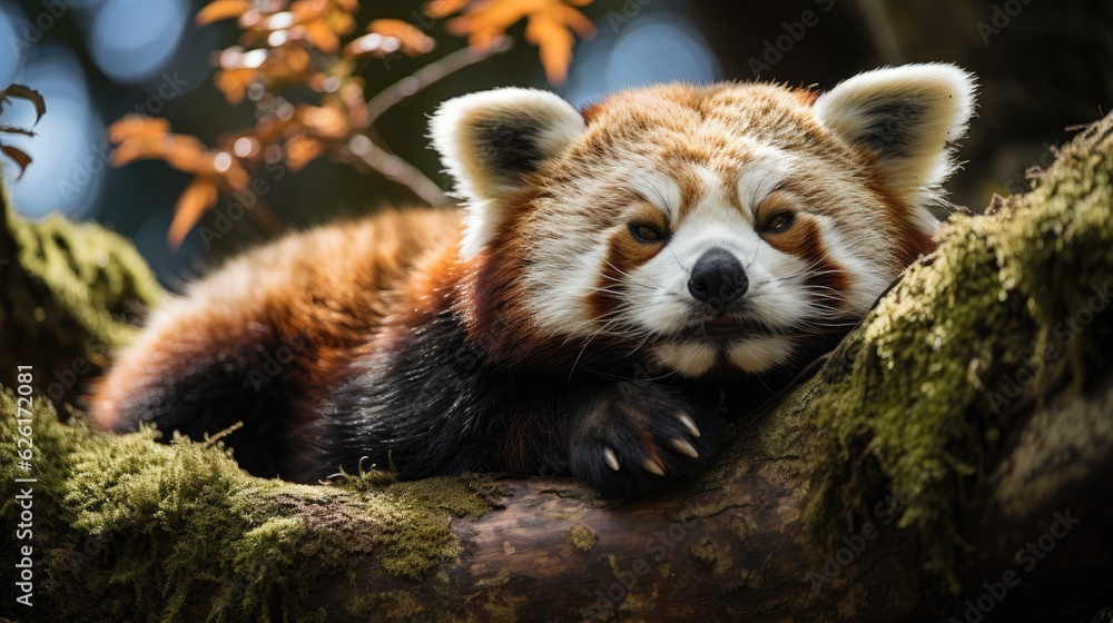 Obraz premium A red panda (Ailurus fulgens) napping in the crook of a tree in the Himalayan forests, its striped tail and rust-colored fur standing out against the verdant green.