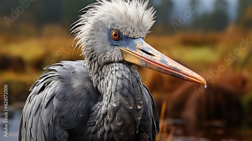 Fotografia A Shoebill stork (Balaeniceps rex) standing motionless in the marshes of Uganda's Mabamba Swamp, its large bill and piercing gaze a fascinating sight in the wetland wilderness