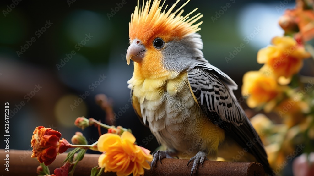 Naklejka premium A Cockatiel (Nymphicus hollandicus) perched on an owner's finger, its crested head and orange cheek patches making it a cute and companionable pet.