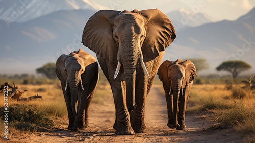 A family of African elephants (Loxodonta africana) crossing the arid landscapes of Kenya's Amboseli National Park, the towering Mt. Kilimanjaro looming majestically in the distance.