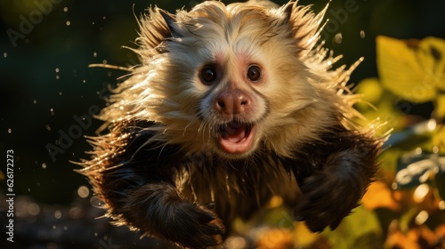 A Capuchin monkey (Cebus imitator) leaping between trees in the Costa Rican jungle, its agile body framed by the lush greenery and dappled sunlight.