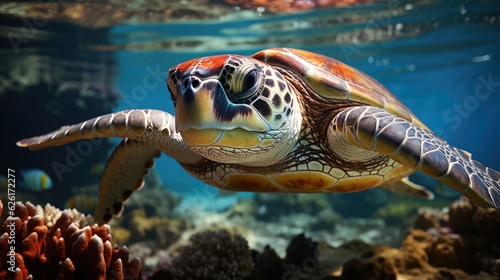 A sea turtle (Cheloniidae) gliding effortlessly through the Great Barrier Reef, surrounded by a dazzling array of colorful coral and tropical fish.