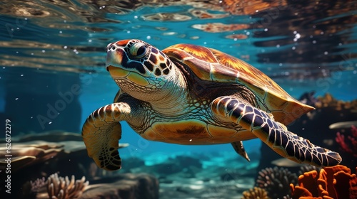 A sea turtle  Cheloniidae  gliding effortlessly through the Great Barrier Reef  surrounded by a dazzling array of colorful coral and tropical fish.