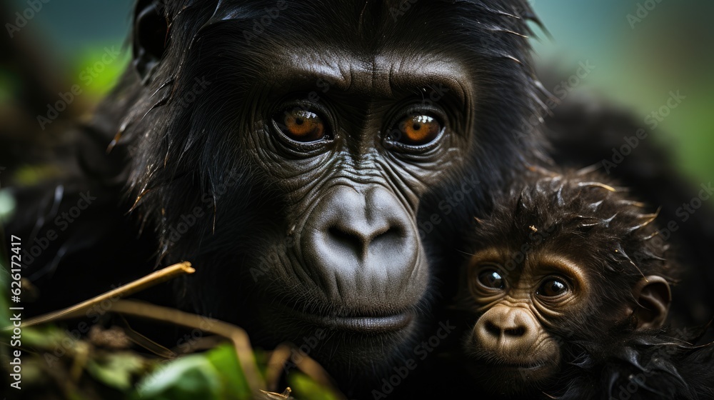 A Mountain Gorilla (Gorilla beringei beringei) cradling her baby in Rwanda's Volcanoes National Park, their strong bodies and expressive eyes a touching scene of maternal love.