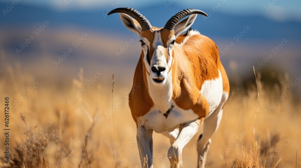 A Pronghorn (Antilocapra americana) sprinting across the plains of Wyoming's Yellowstone National Park, its sleek body and white markings a picture of speed and grace. A Pronghorn (Antilocapra americana) sprinting across the plains of Wyoming's Yellowstone National Park, its sleek body and white markings a picture of speed and grace.